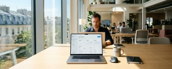 Bureau contemporain lumineux avec écran d'ordinateur affichant un tableau de bord de gestion des paiements, environnement organisé avec lumière naturelle