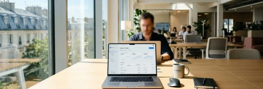 Bureau contemporain lumineux avec écran d'ordinateur affichant un tableau de bord de gestion des paiements, environnement organisé avec lumière naturelle