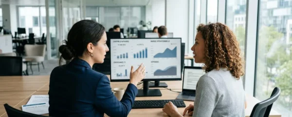 Une directrice financière et un collaborateur vus de dos consultent ensemble des données de recouvrement sur un écran dans un bureau lumineux
