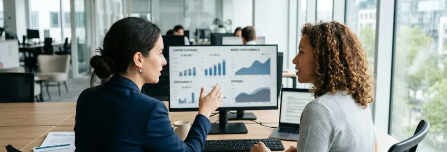 Une directrice financière et un collaborateur vus de dos consultent ensemble des données de recouvrement sur un écran dans un bureau lumineux