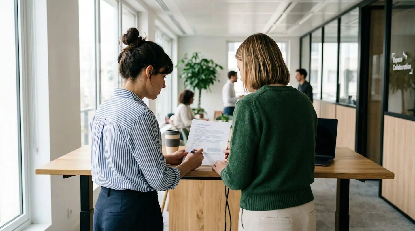 Deux collaborateurs vus de profil consultant ensemble un document dans un bureau moderne, interaction collaborative, lumière naturelle
