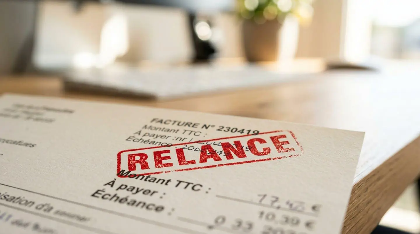 Gros plan sur une facture impayée avec un tampon rouge marqué Relance posé sur un bureau moderne