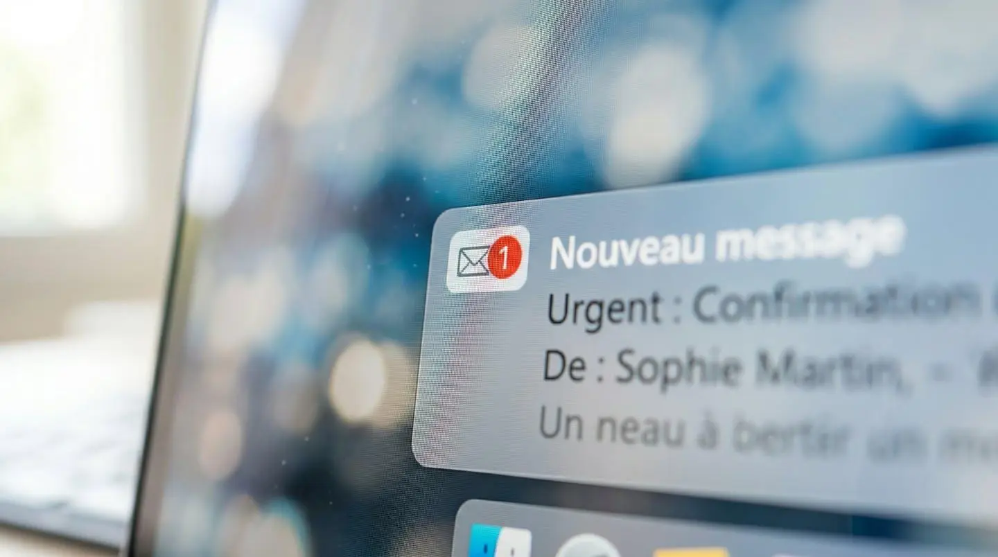Macro d'une notification email sur écran d'ordinateur avec texte complètement flouté, mise au point sur le message, arrière-plan bokeh