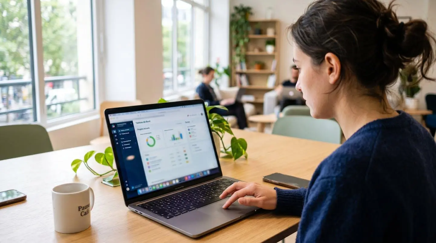 Vue par-dessus l'épaule d'une personne cliquant sur un bouton de validation dans une interface logicielle moderne sur un ordinateur portable