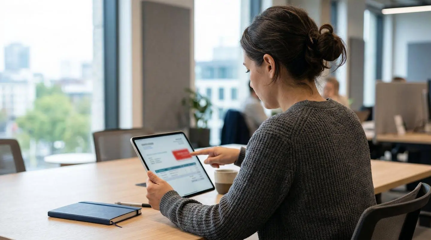 Vue de dos d'une personne consultant une facture sur tablette dans un bureau lumineux, geste de pointage vers l'écran