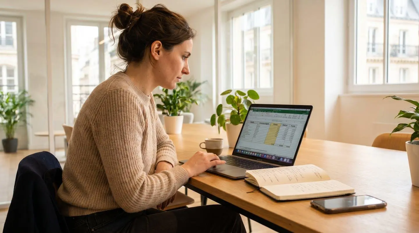 Consultante indépendante travaillant dans un espace de coworking moderne, ordinateur portable ouvert affichant un tableur budgétaire avec colonnes 'Greffe', 'Annonce légale', 'Statuts', carnet de notes et café à proximité, lumière naturelle abondante