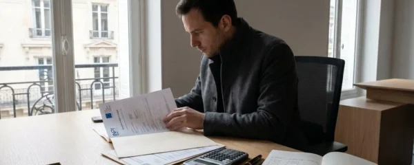 Entrepreneur assis à un bureau contemporain examinant des documents administratifs officiels français (formulaires INPI, Registre du Commerce et des Sociétés), calculatrice et stylo à proximité, dans un bureau moderne avec lumière naturelle latérale