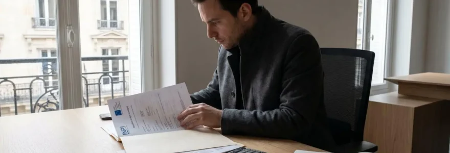 Entrepreneur assis à un bureau contemporain examinant des documents administratifs officiels français (formulaires INPI, Registre du Commerce et des Sociétés), calculatrice et stylo à proximité, dans un bureau moderne avec lumière naturelle latérale