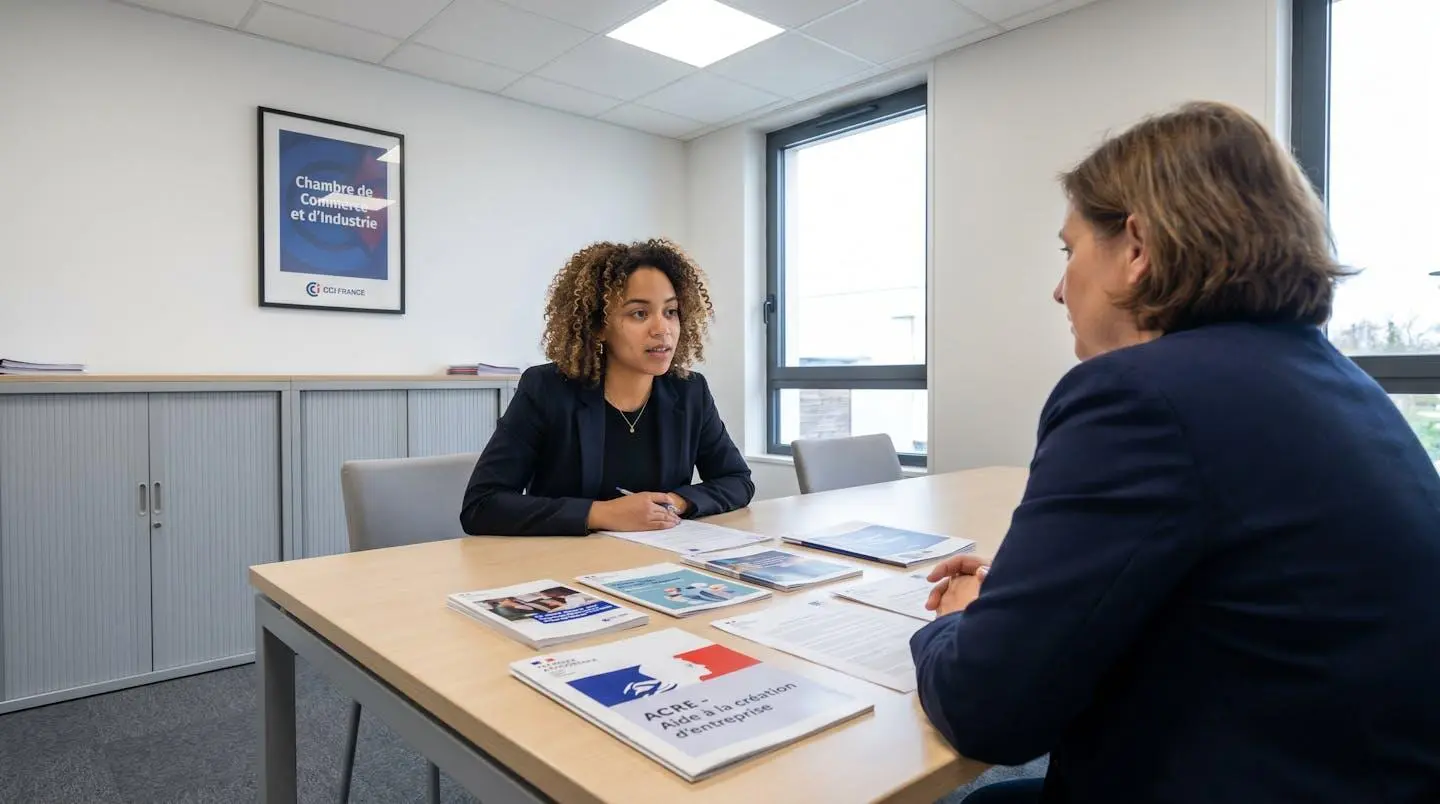 Jeune entrepreneure en rendez-vous avec une conseillère dans un bureau de Chambre de Commerce et d'Industrie, brochures ACRE et documents d'aide à la création d'entreprise sur la table, affiche CCI visible en arrière-plan