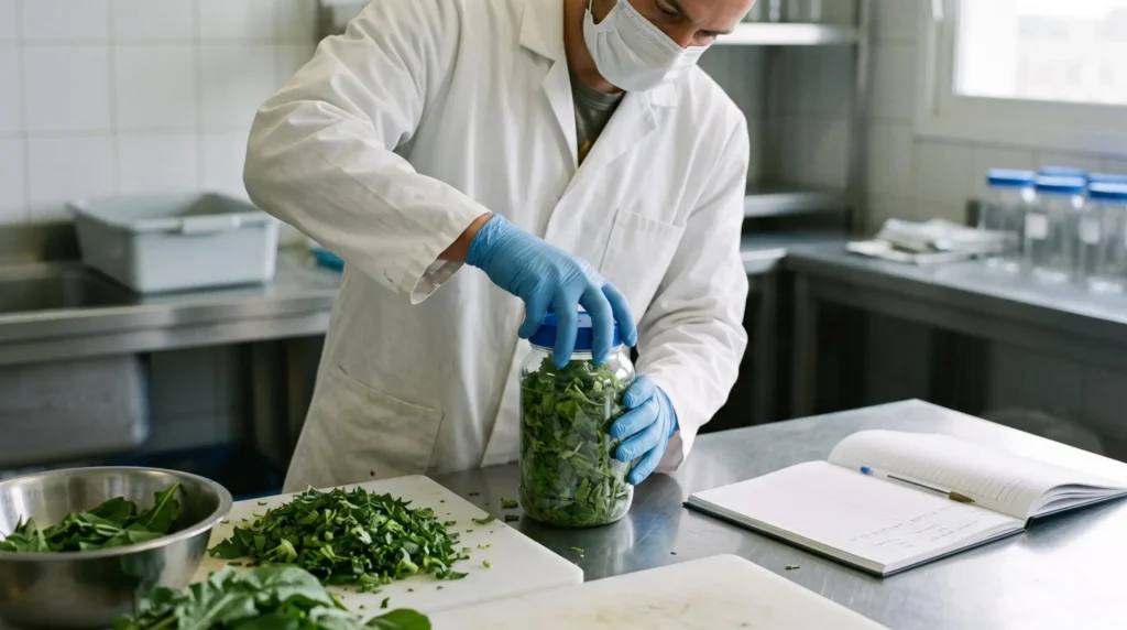 Technicien préparant un échantillon agricole identifié dans un espace de contrôle qualité, avec registre de traçabilité.